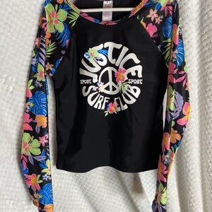 Justice Black Multicolor Floral Long Sleeve Rashguard Top